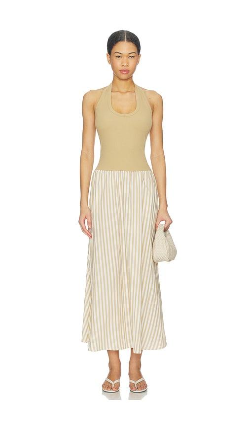 lna hart halter dress in tan,white.