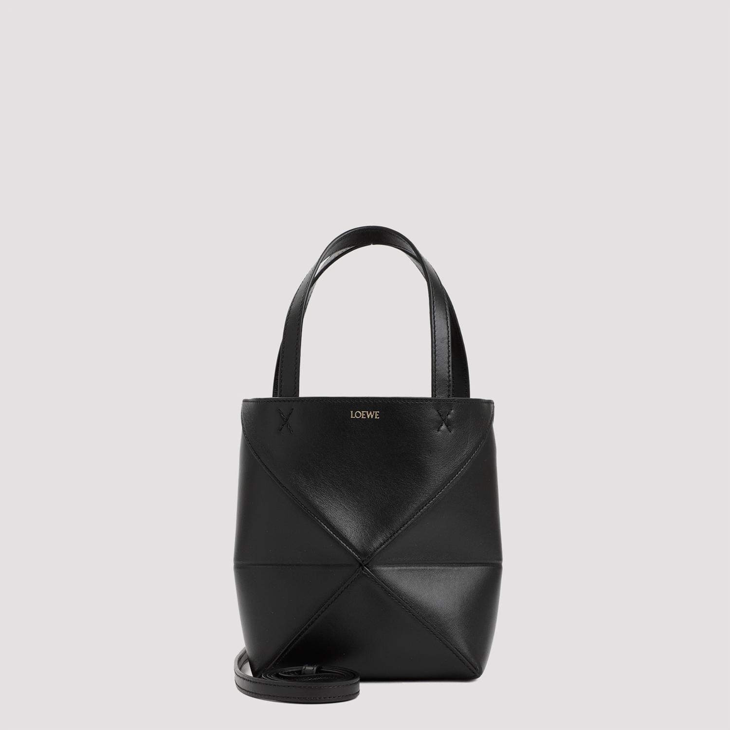 loewe puzzle fold tote mini black calf skin bag - women