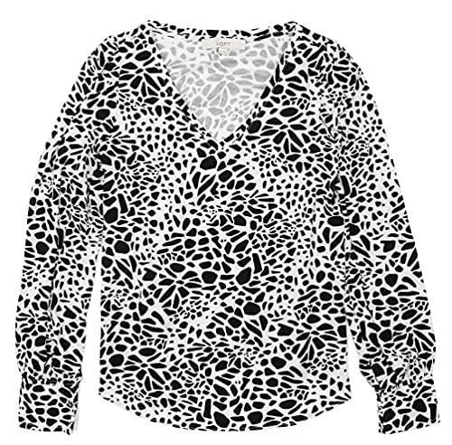 loft ann taylor women's long sleeve mixed media v-neck top (medium, black/white animal print, m)