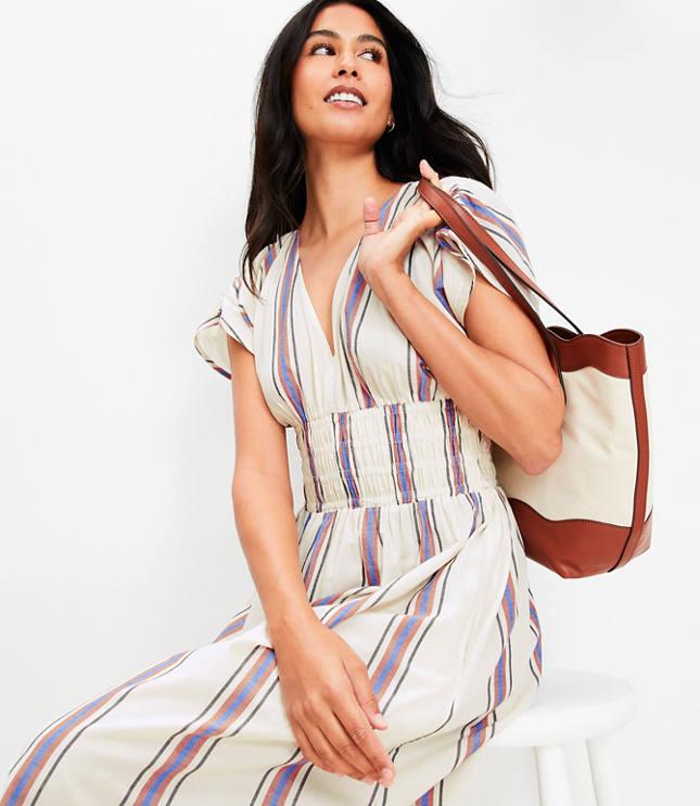 loft beach striped smocked midi pocket dress