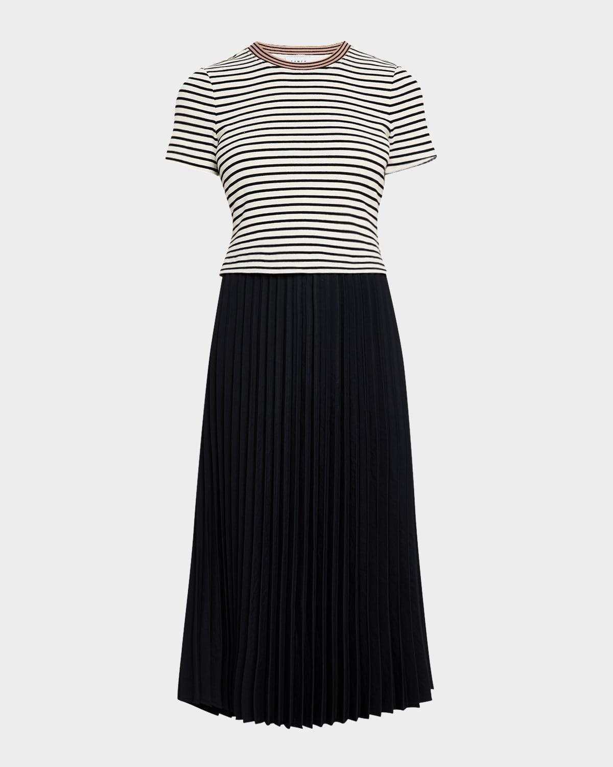 logan pleated stripe midi shirt dress