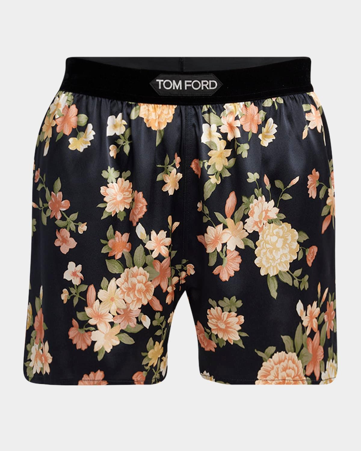 logo band floral stretch silk pajama shorts