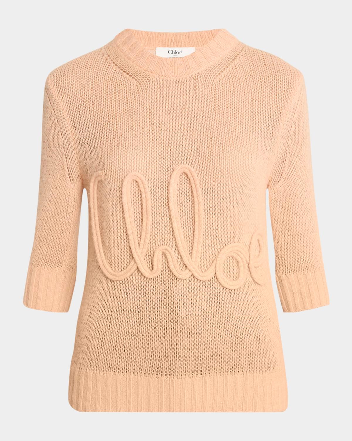 logo embroidered open-knit 3/4-sleeve sweater