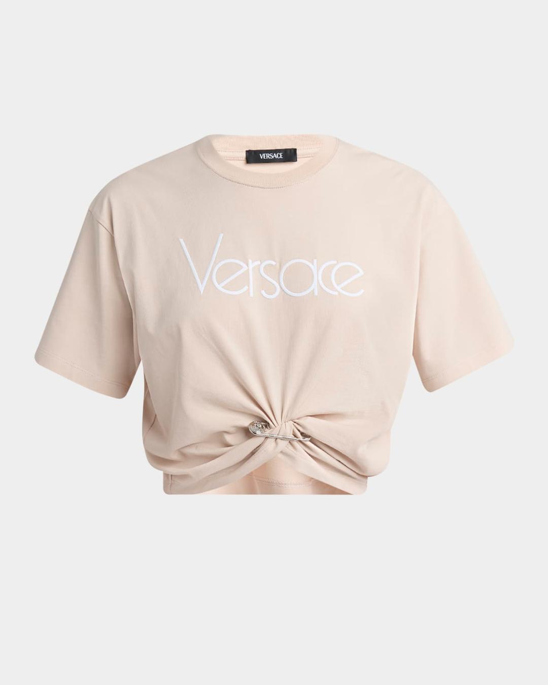 Logo Twist Safety Pin Crop T-Shirt – Edgy crop top with gold-tone hardware accents.