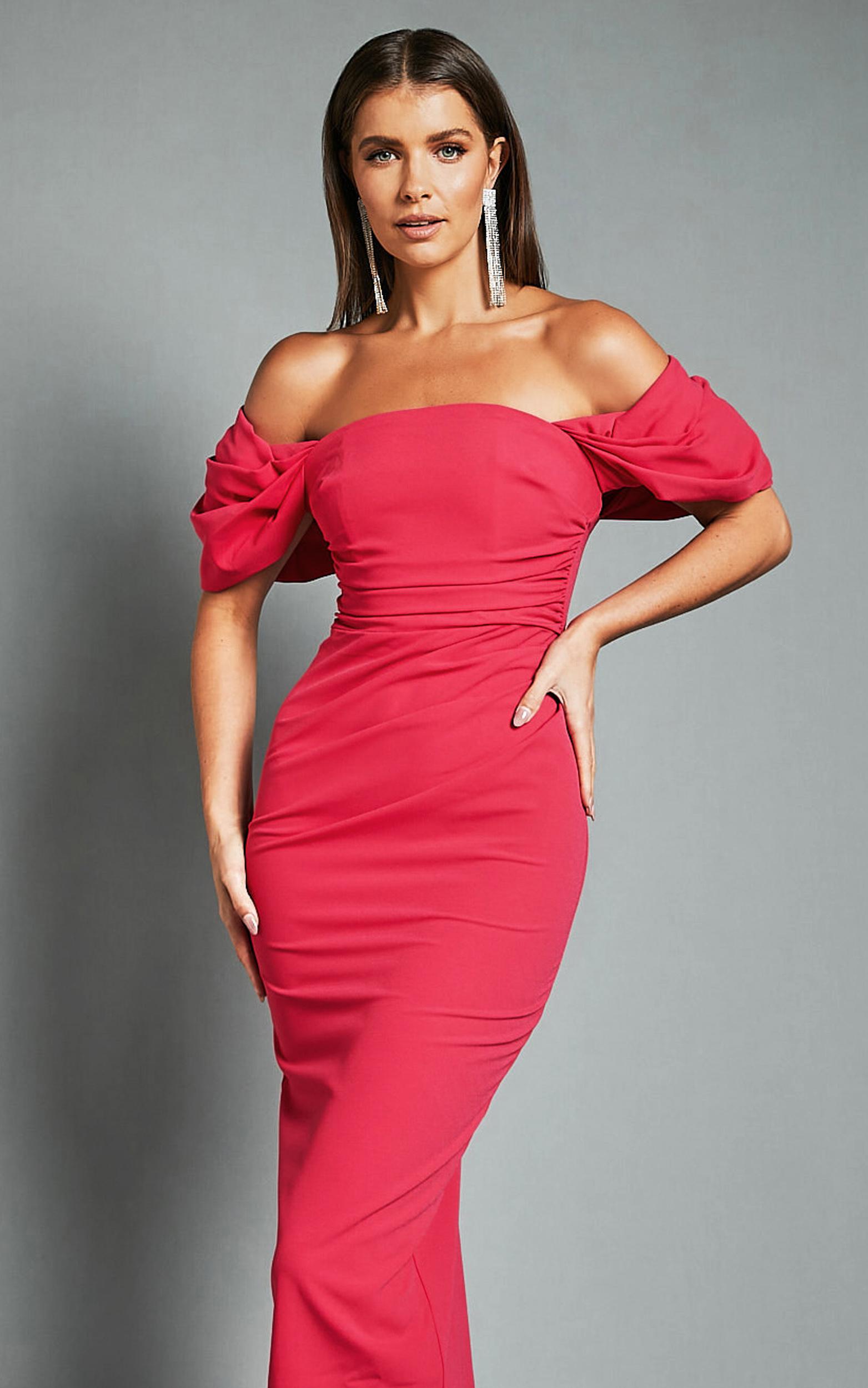 lohan midi dress - off shoulder puff sleeve in berry
