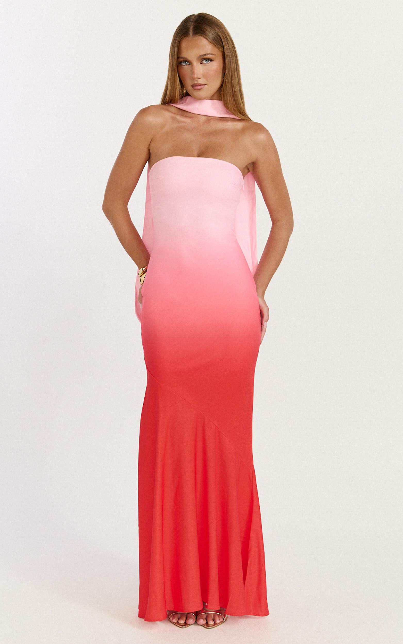 lolly maxi dress - strapless bias column dress with scarf in blush ombre print