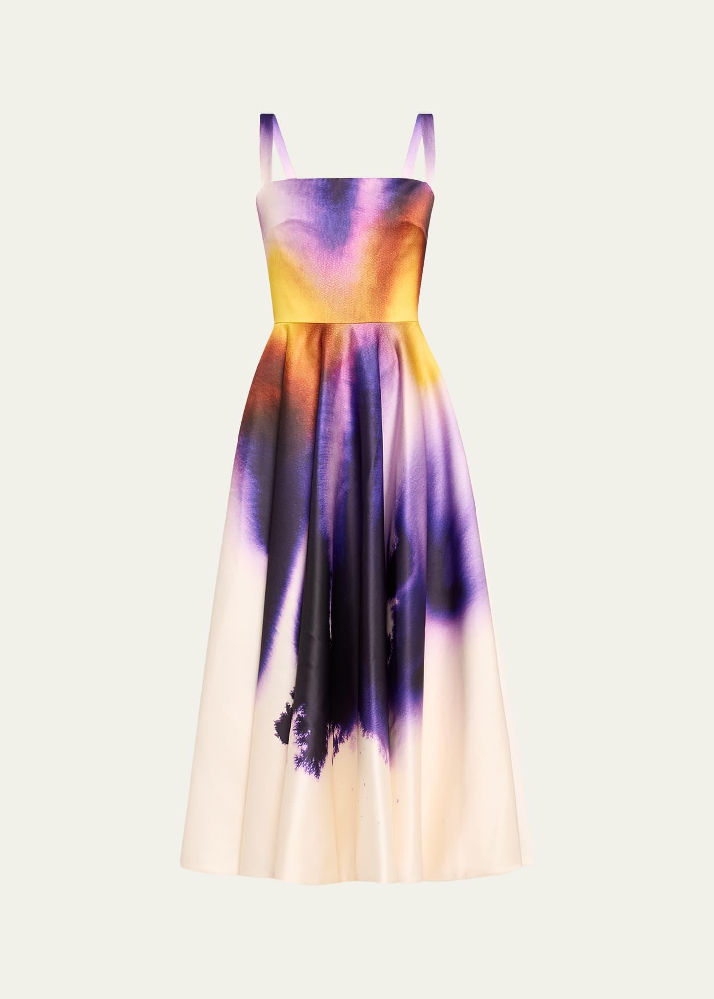 long abstract orchid satin fit-flare dress