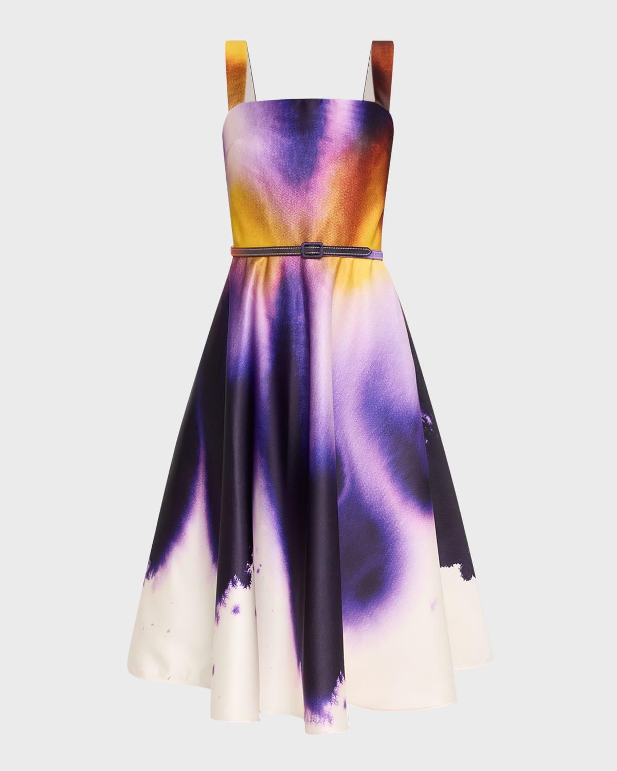 long abstract orchid satin fit-flare dress