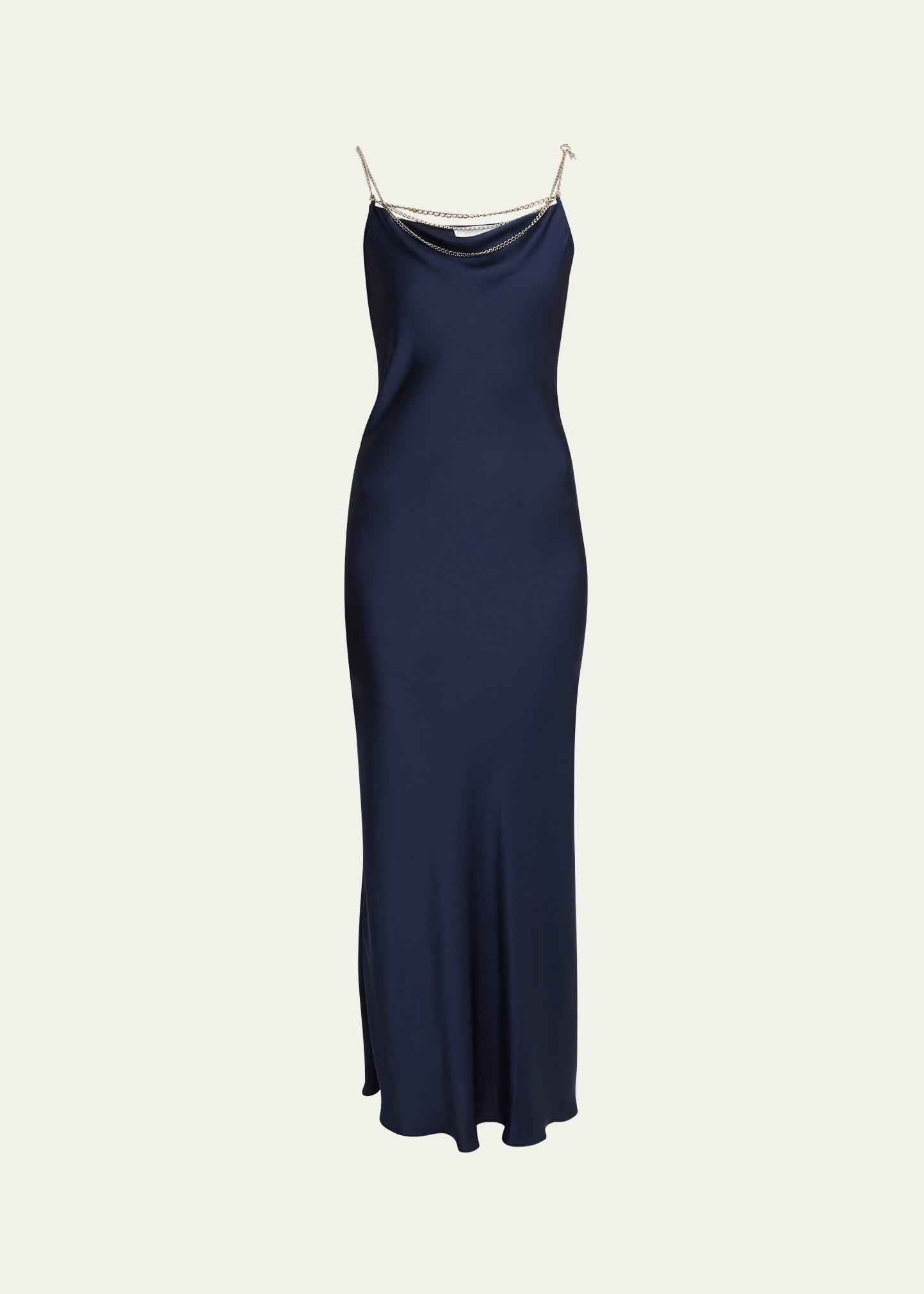 long cowl neck dress with chain detail