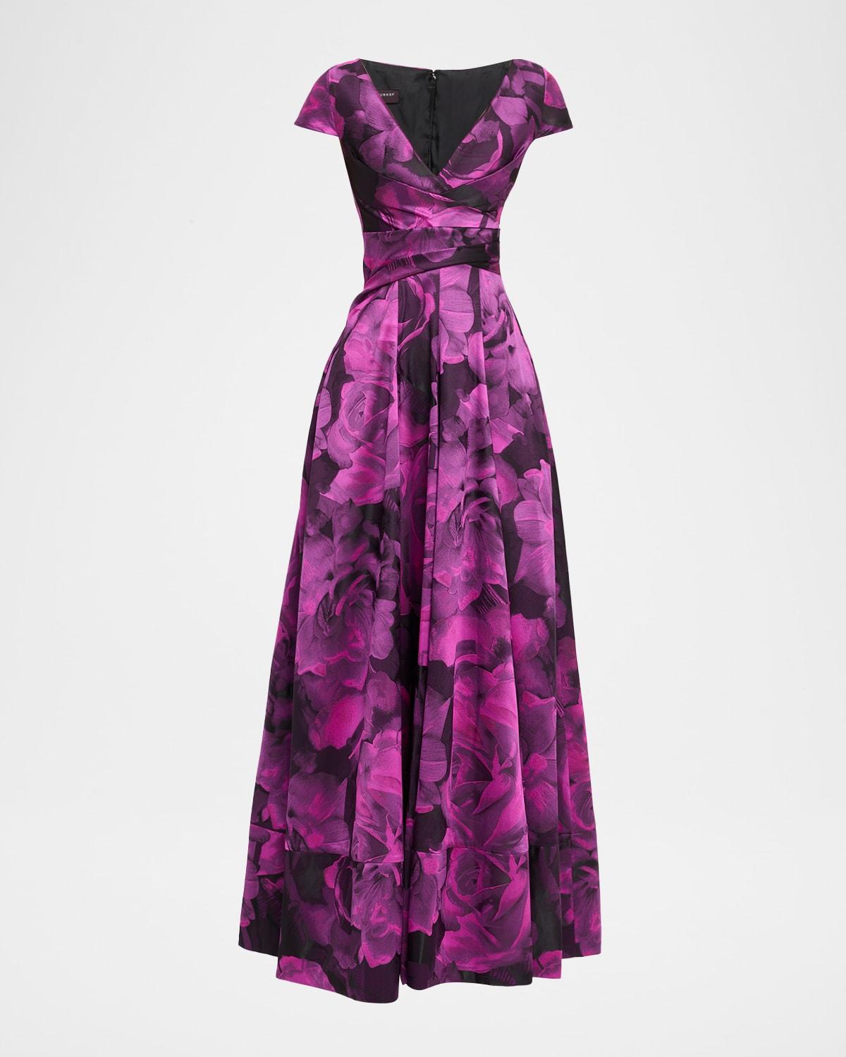long draped rose jacquard dress