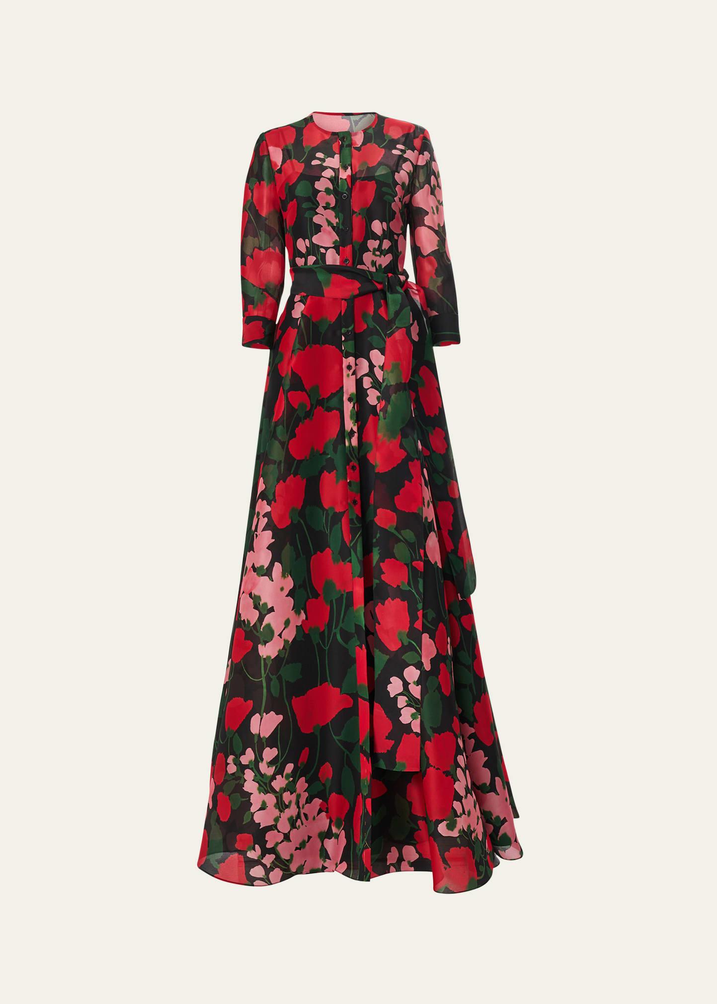 long floral belted trench gown