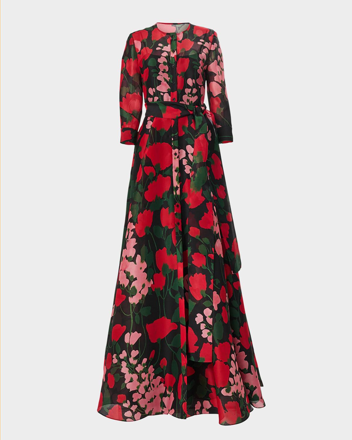 long floral belted trench gown