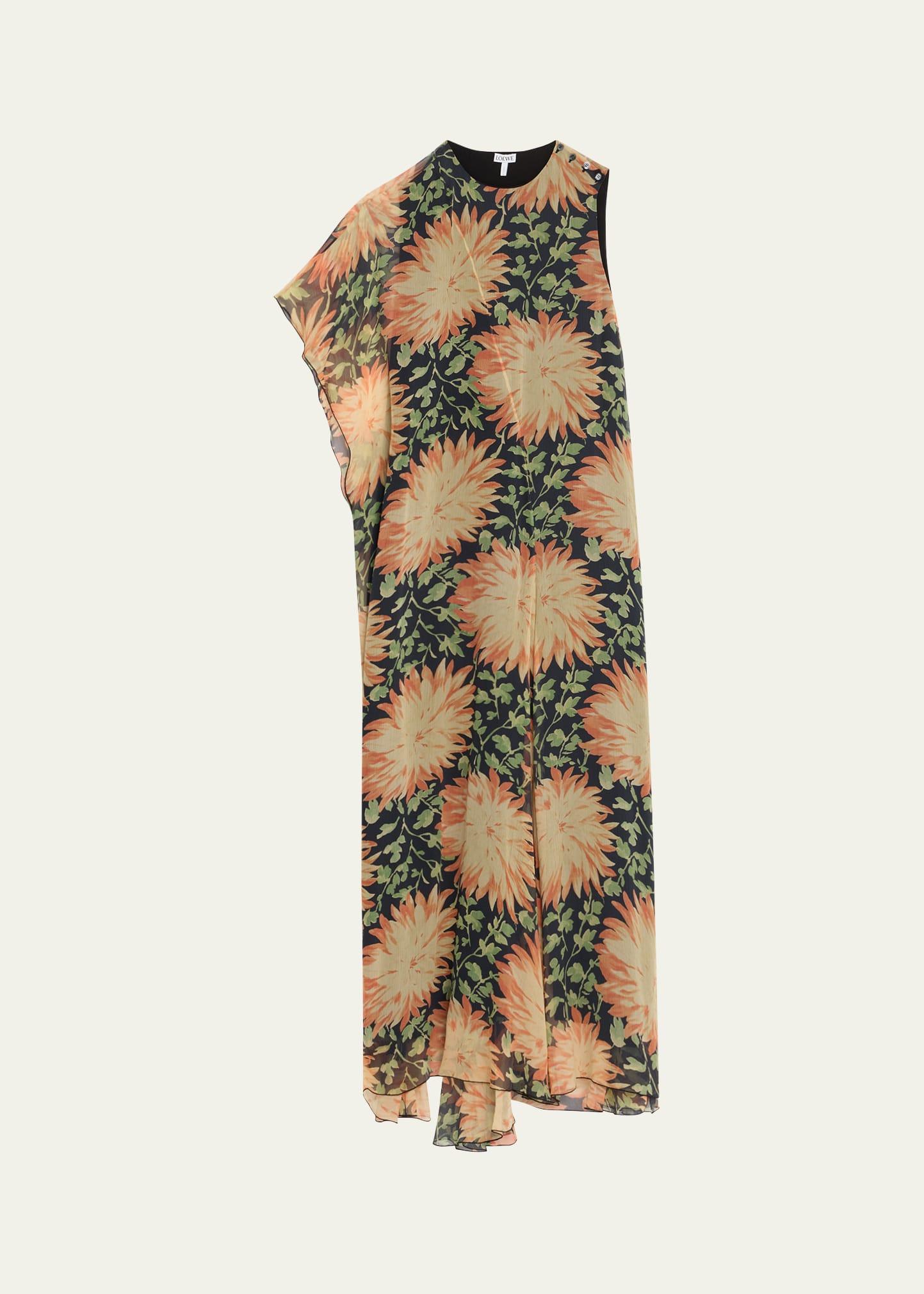 long floral print one-sleeve chiffon silk dress