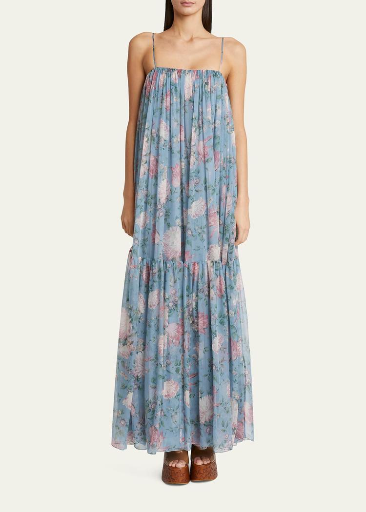 long floral print tiered silk dress