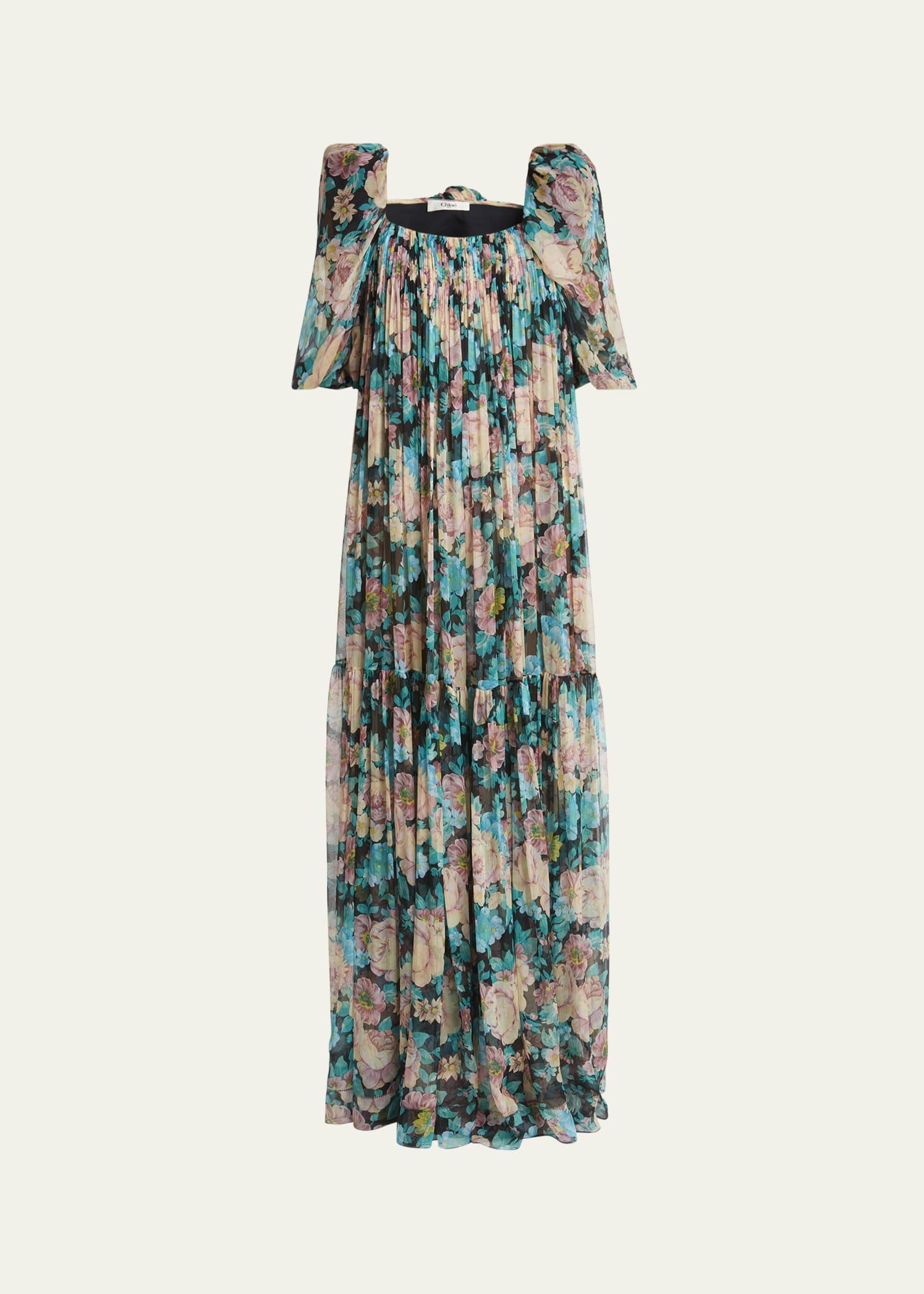 long floral puff-sleeve silk dress
