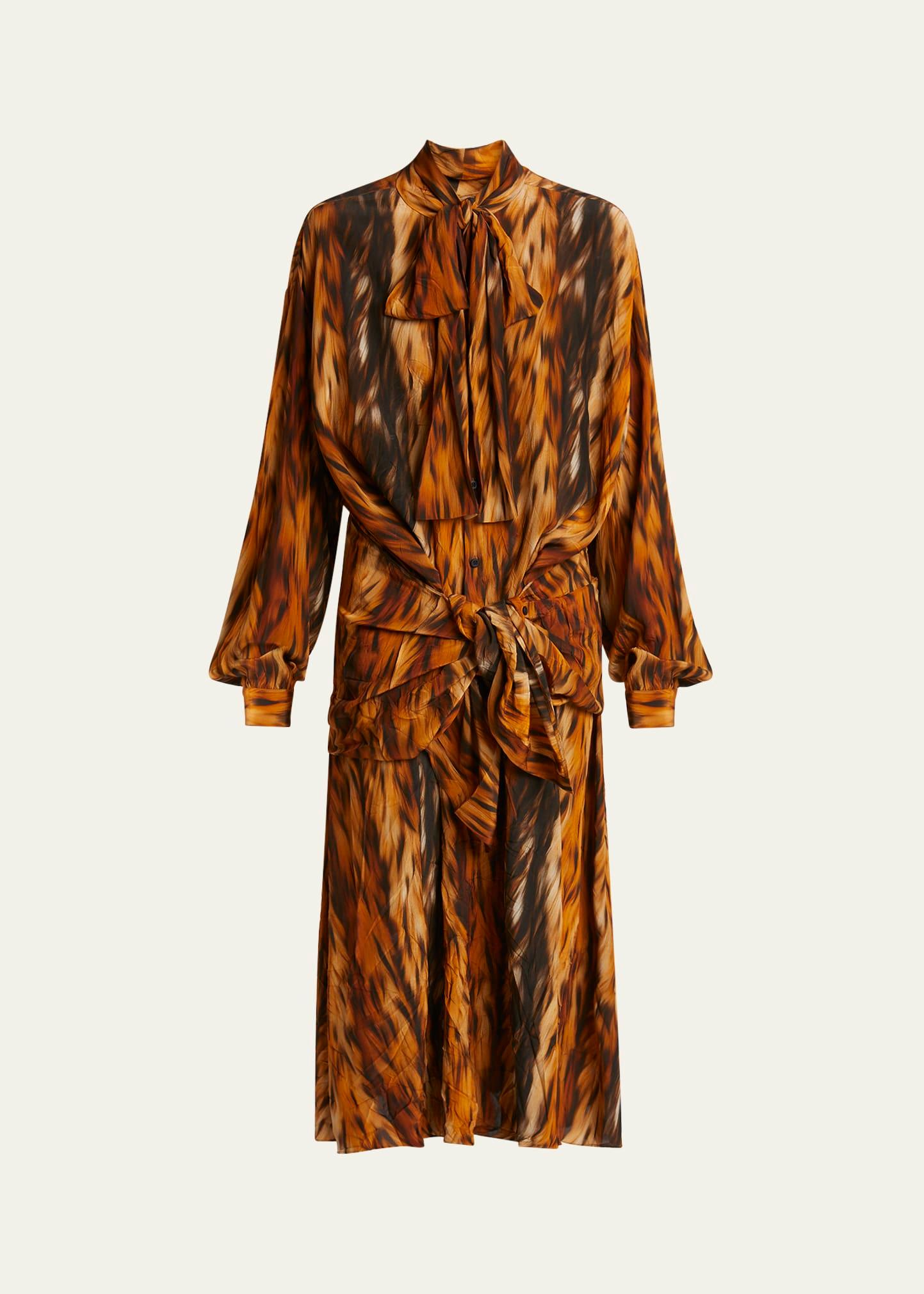 long fur print knotted crepe dress