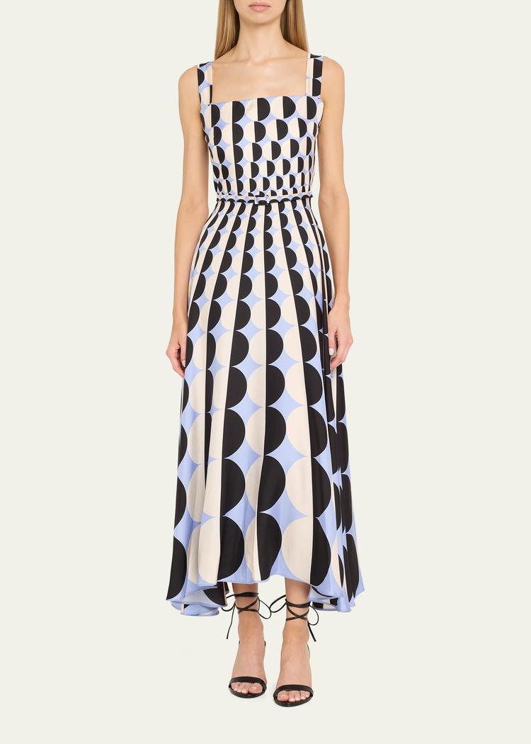 long geometric square neck twill silk dress
