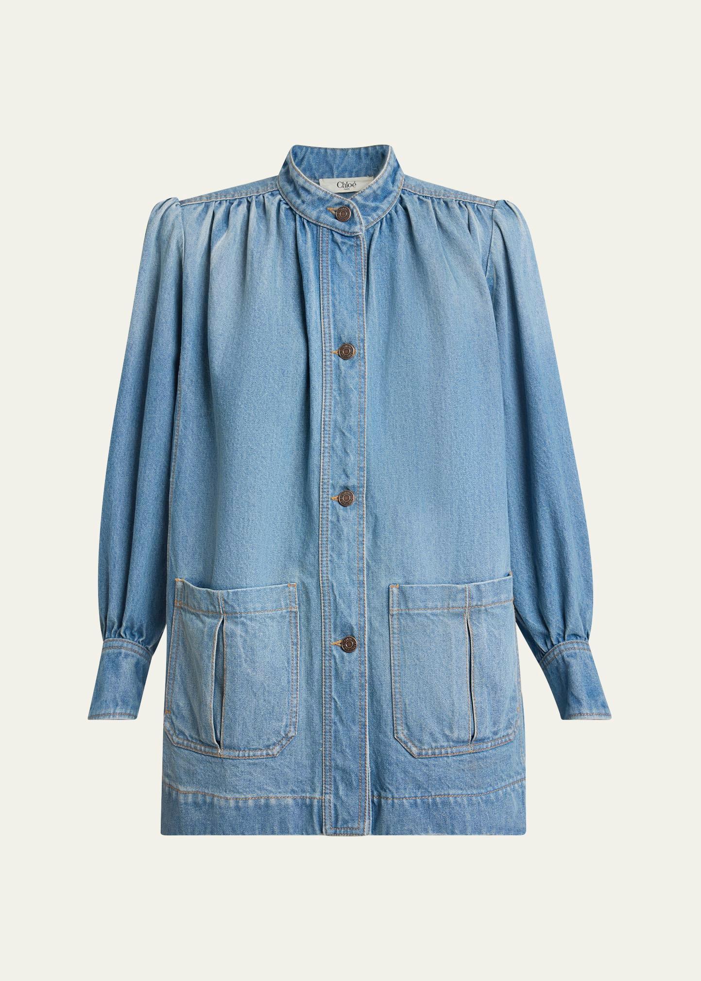 long high neck gathered denim jacket