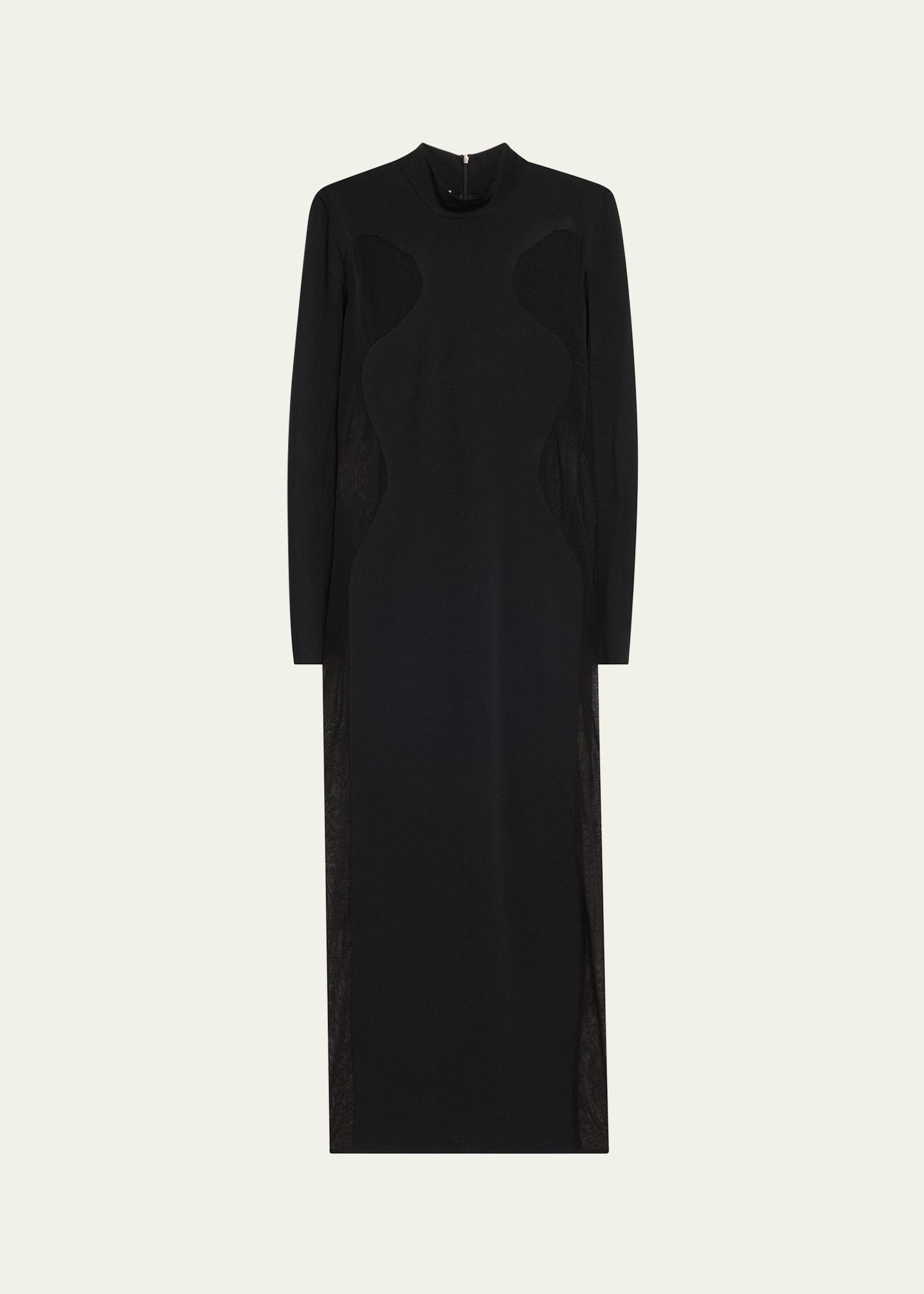 long knit miracle body-con dress with mesh paneling