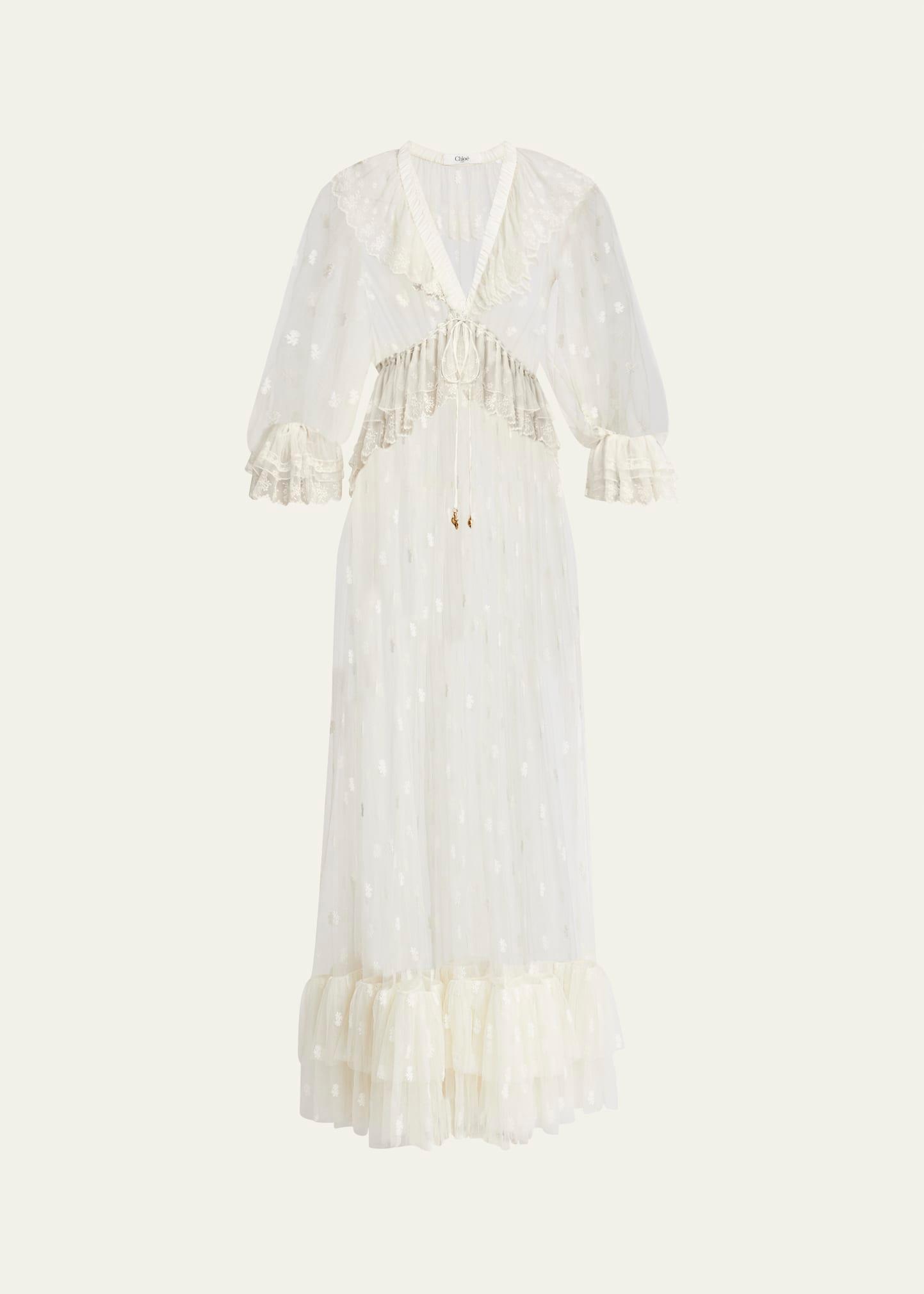 long lace ruffled drawstring dress