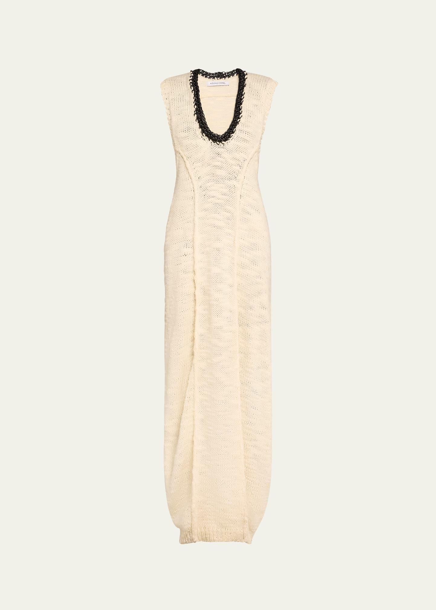 long leather-trim crochet wool cocoon dress