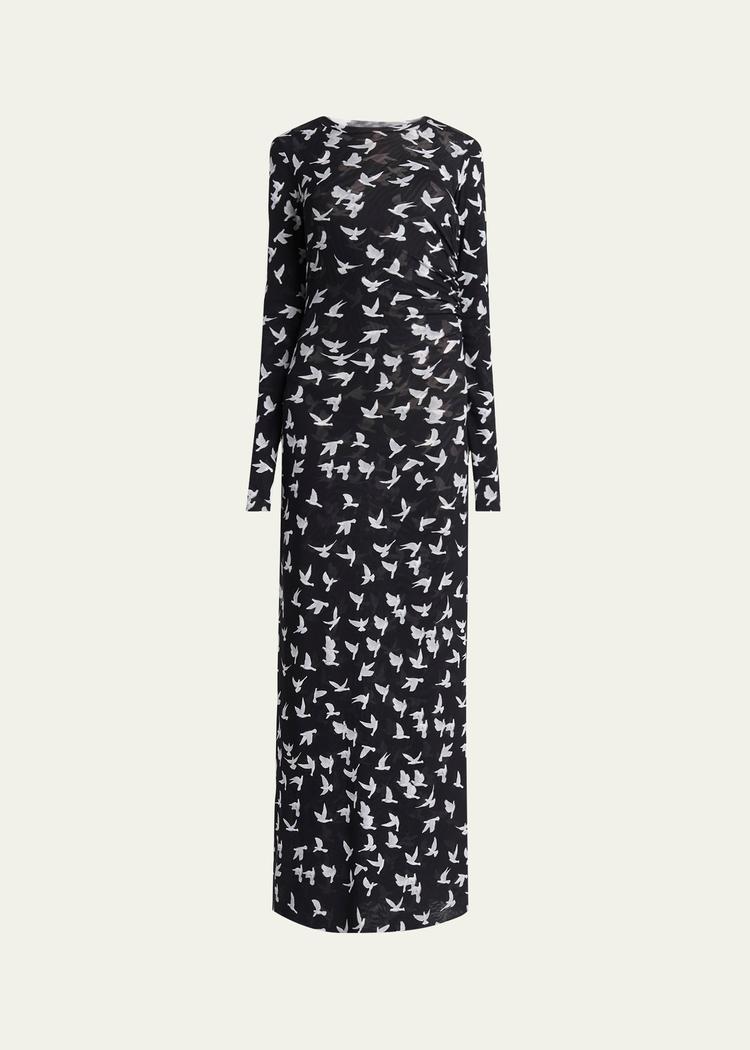 long mesh bird print dress