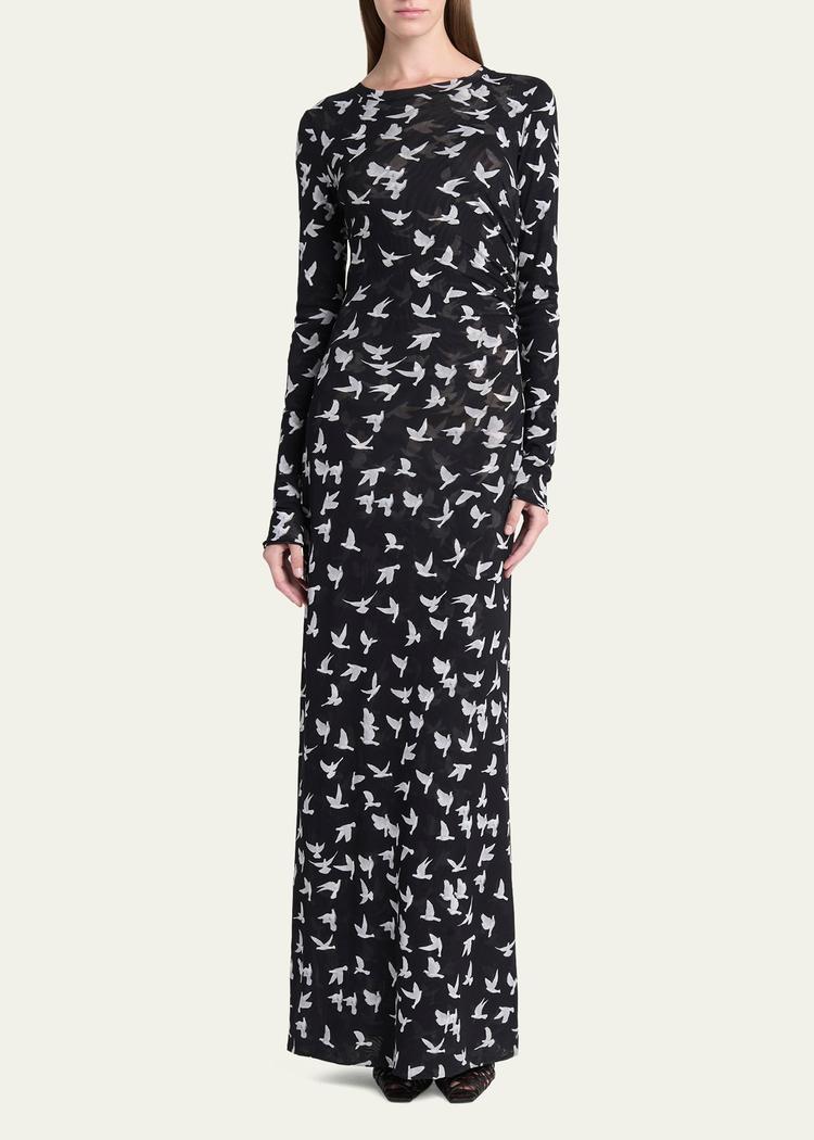 long mesh bird print dress