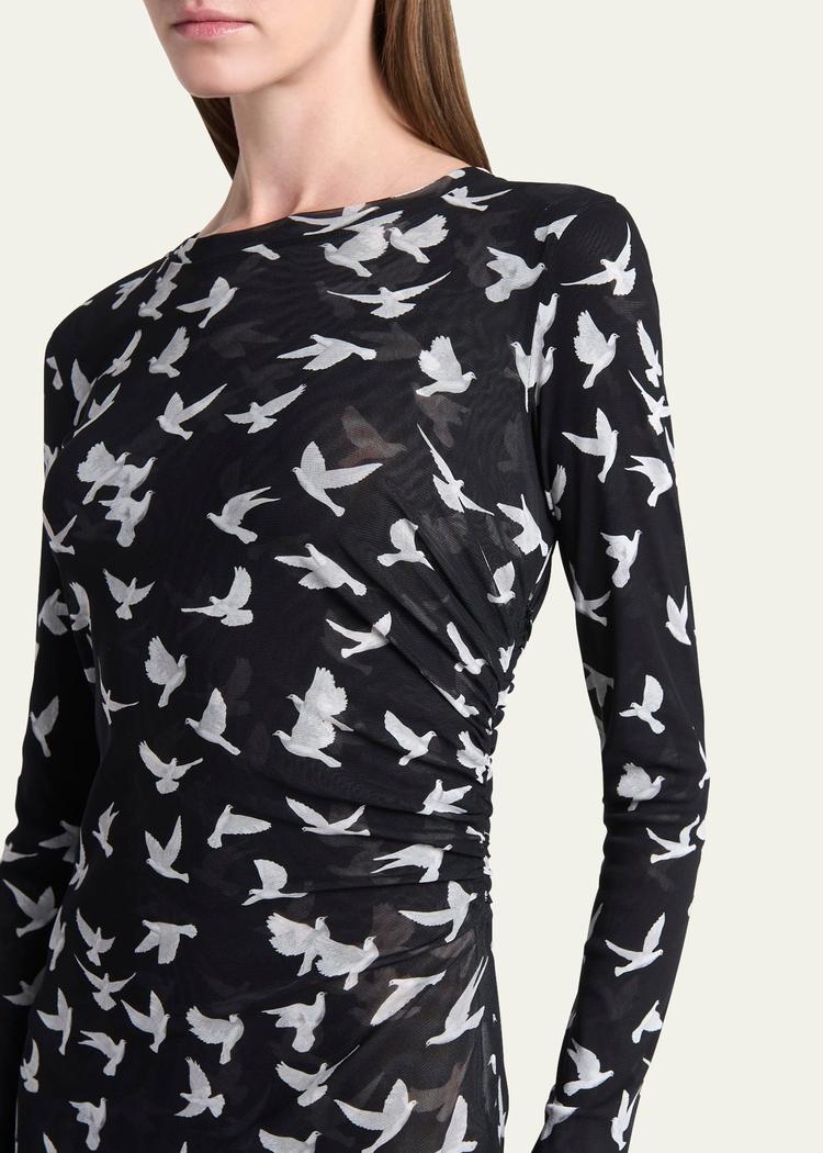 long mesh bird print dress