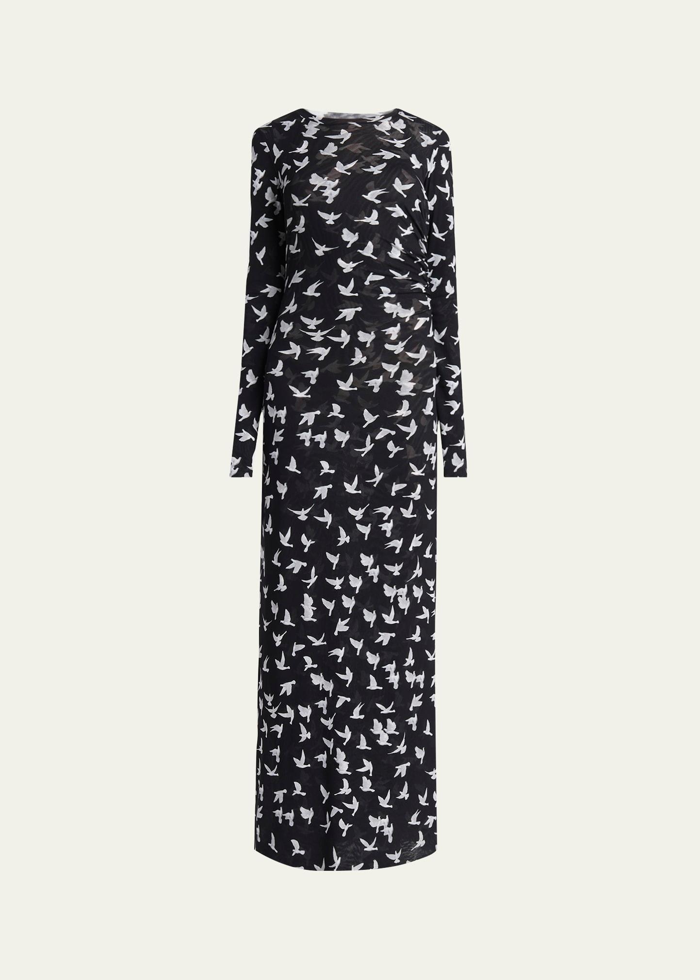 long mesh bird print dress