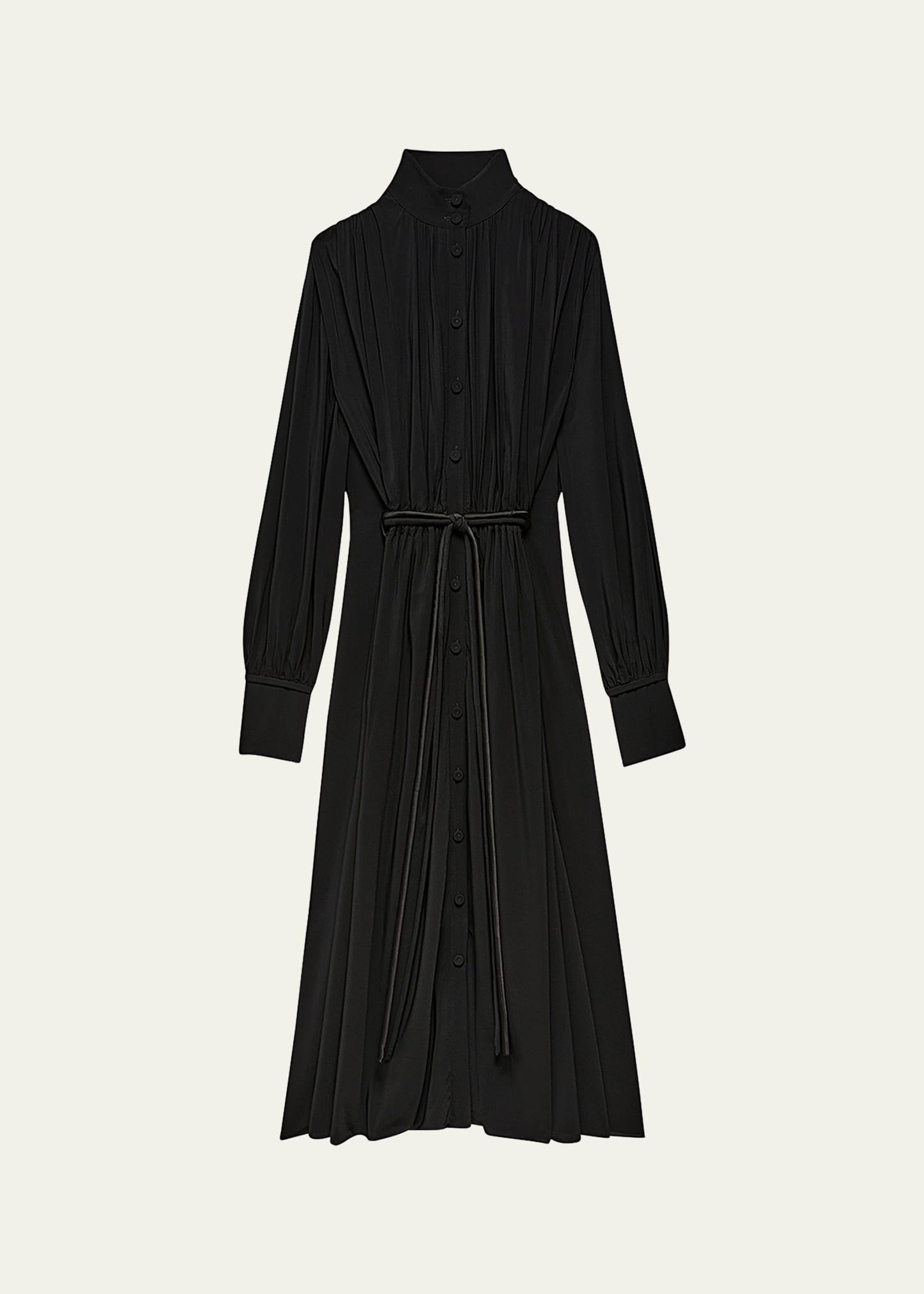 long pleated drawstring shirtdress