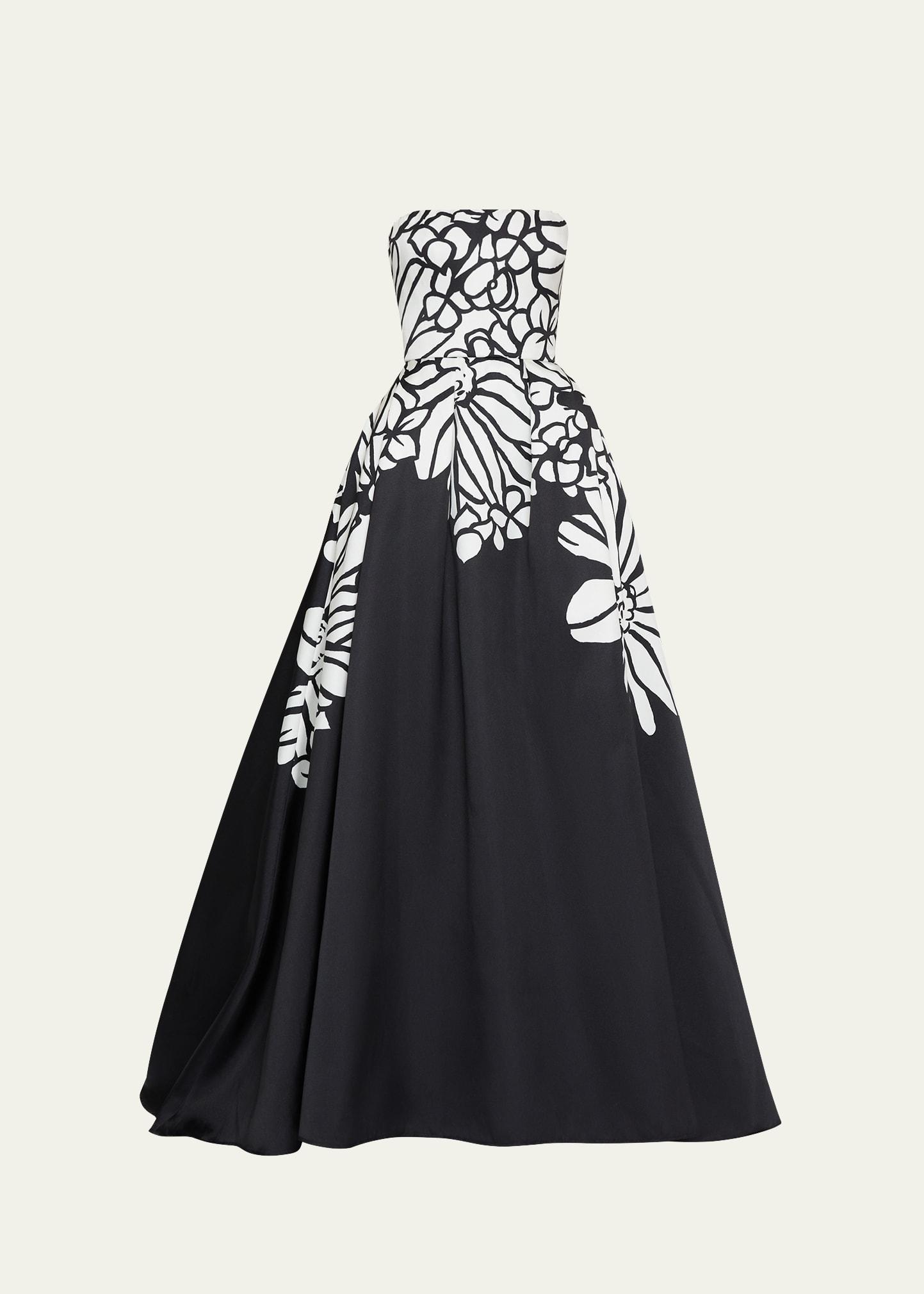 long printed mikado strapless gown