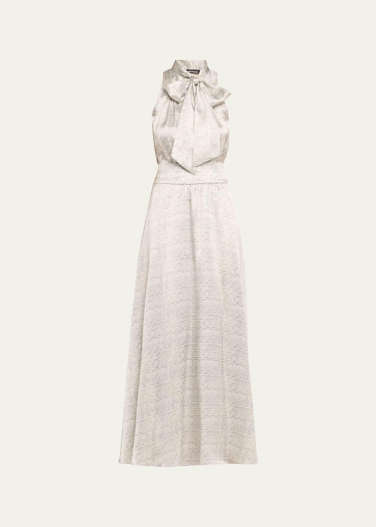 long printed silk sleeveless dress with scarf