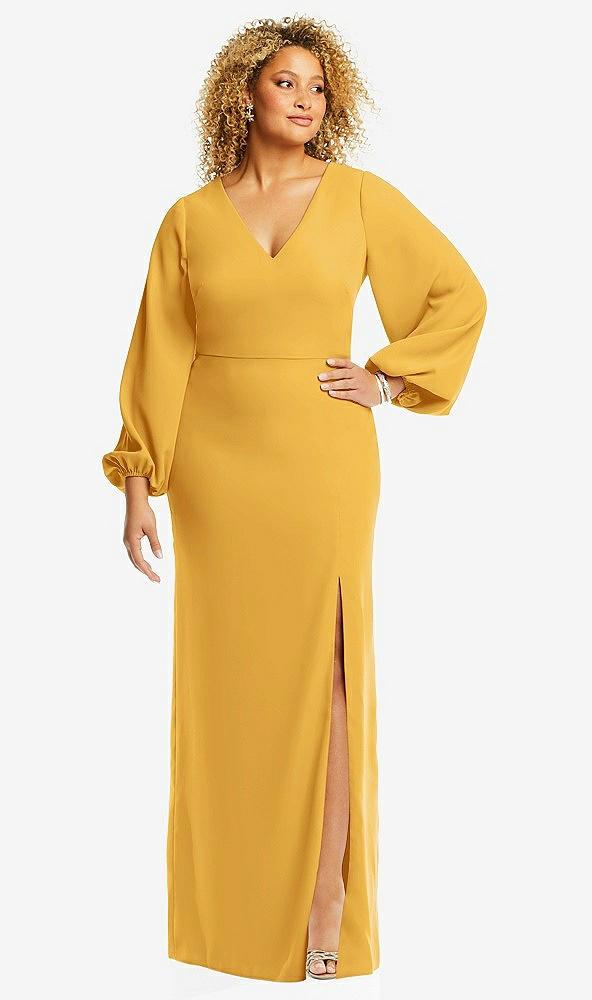long puff sleeve v-neck trumpet gown