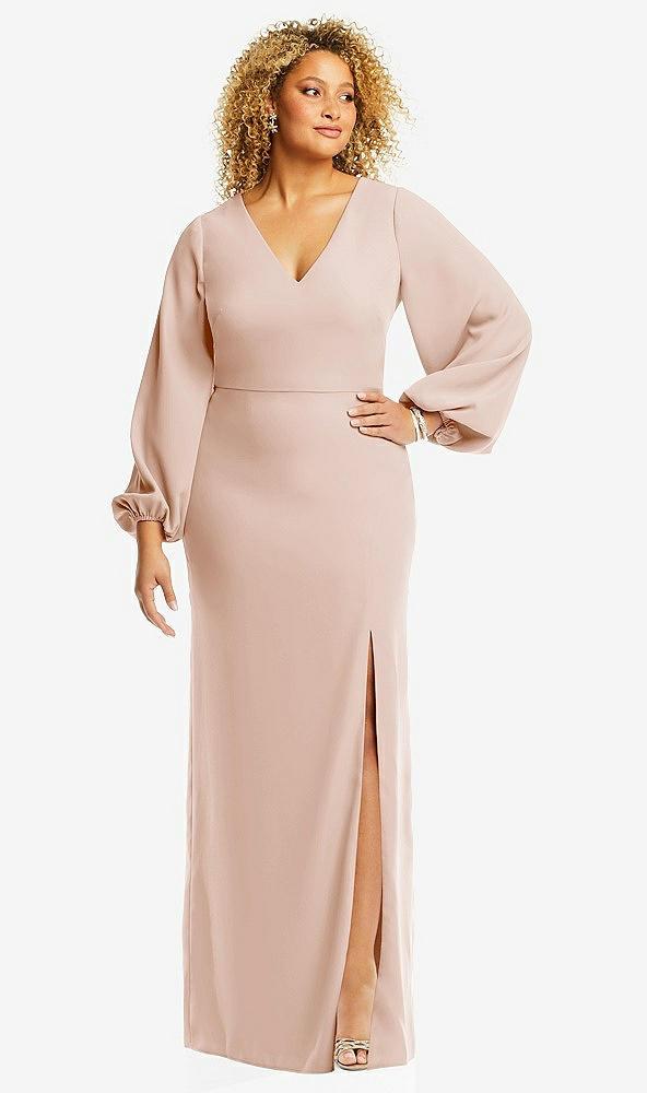 long puff sleeve v-neck trumpet gown
