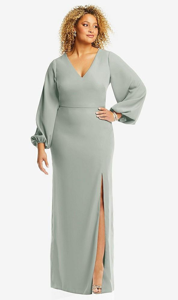long puff sleeve v-neck trumpet gown