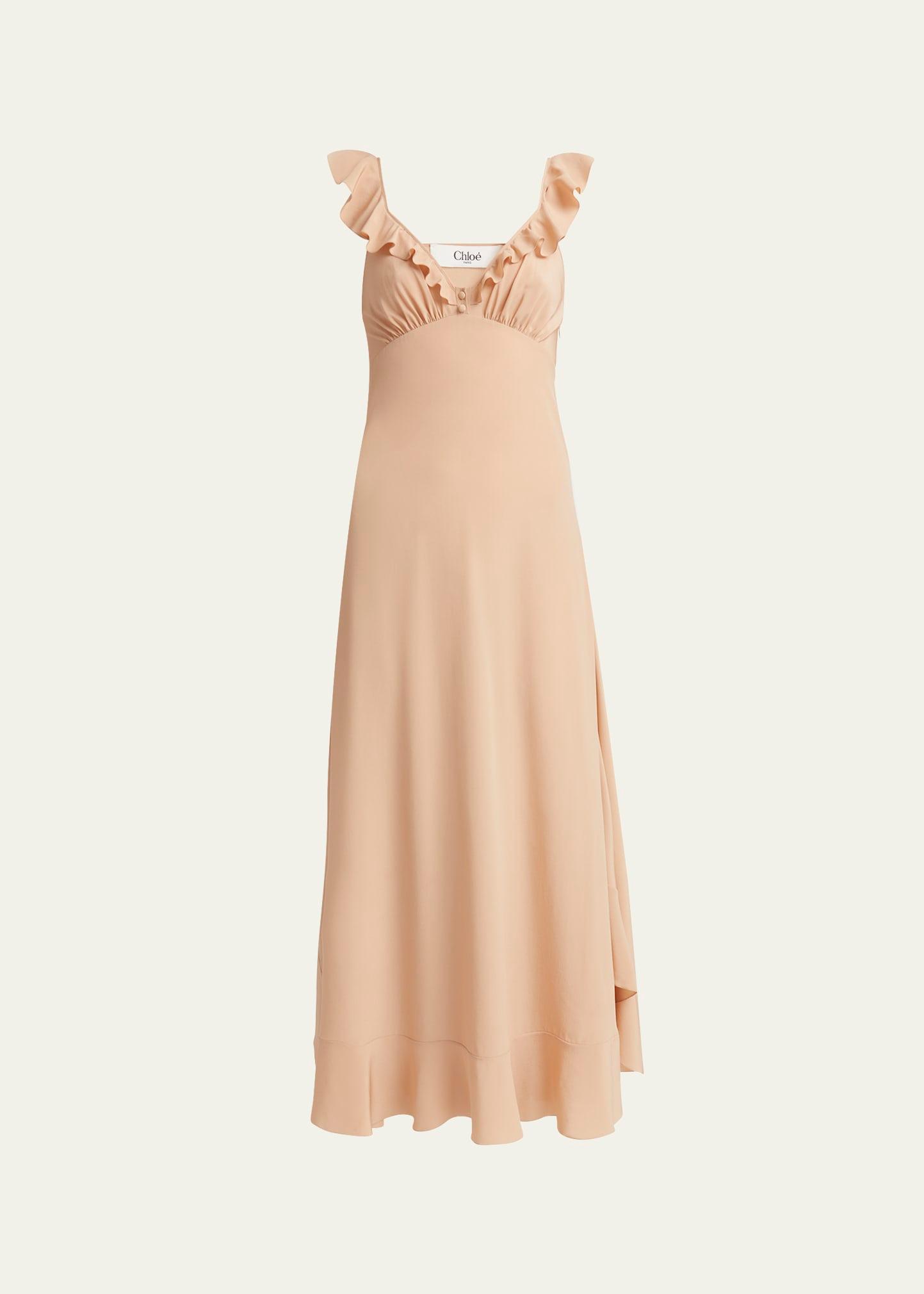 long ruffle crepe de chine dress