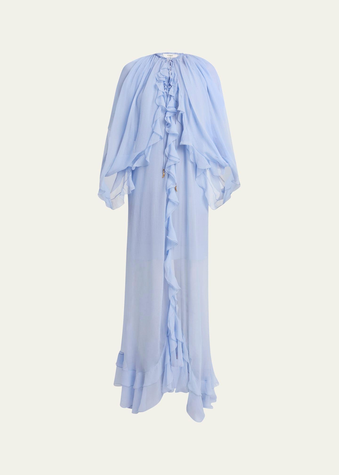 long ruffle-trim silk mousseline dress