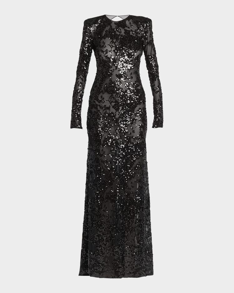 long-sleeve backless sequined gown