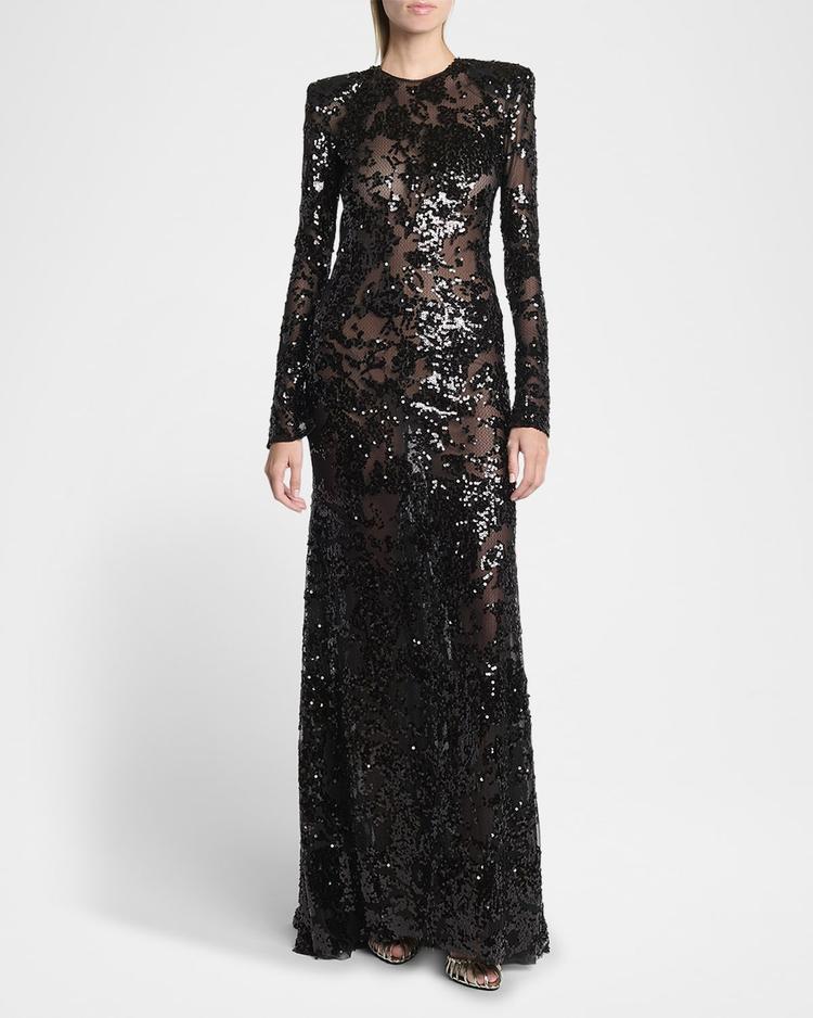 long-sleeve backless sequined gown