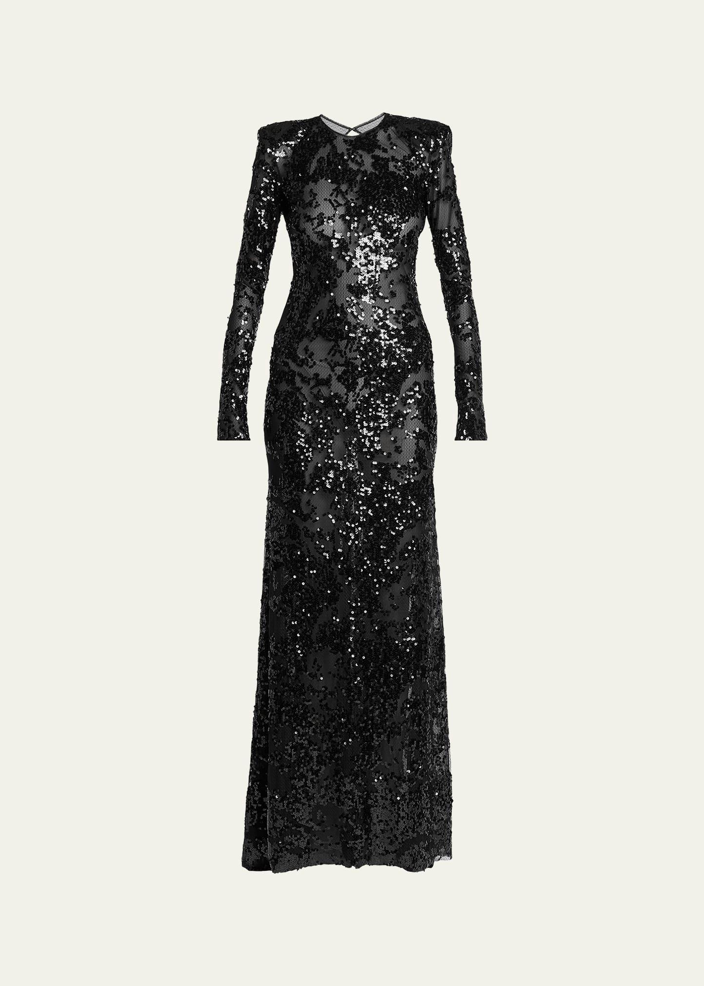 long-sleeve backless sequined gown
