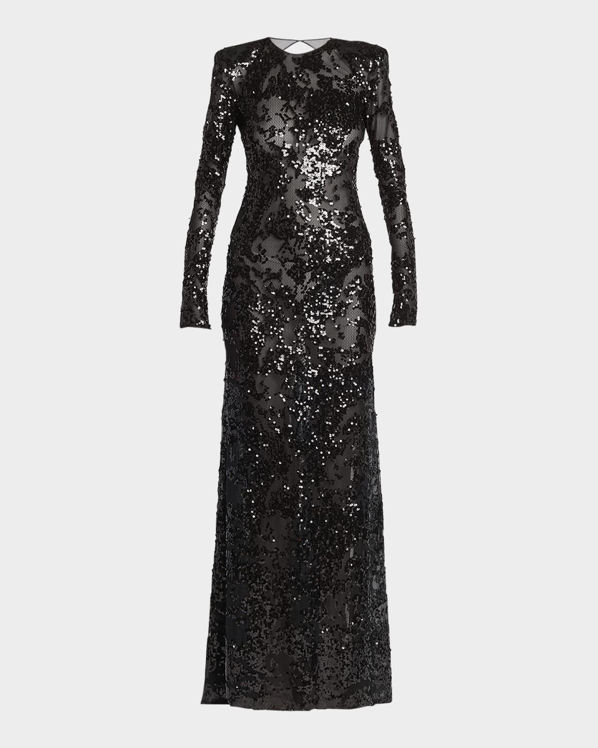 long-sleeve backless sequined gown