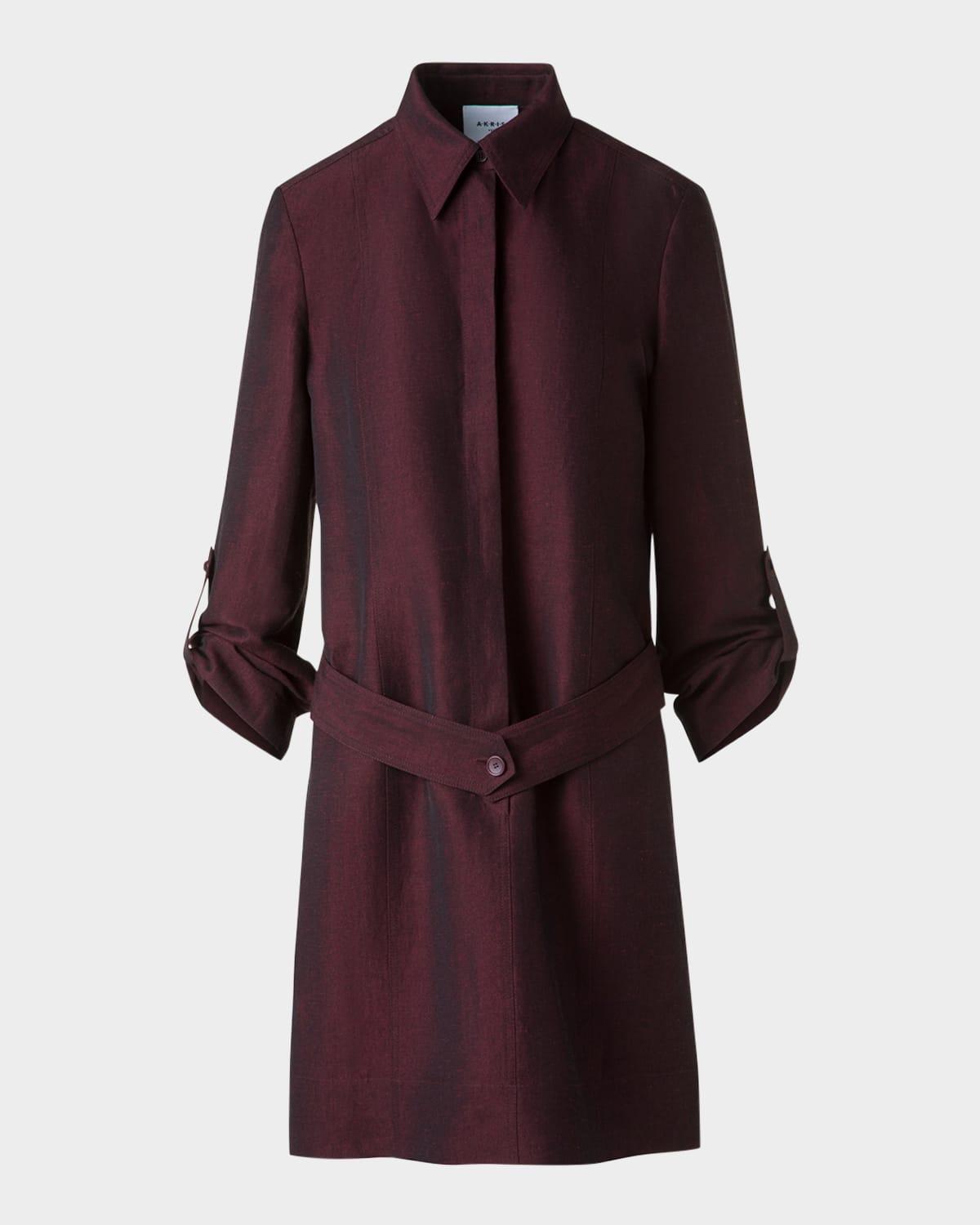 long-sleeve belted viscose-linen shirtdress