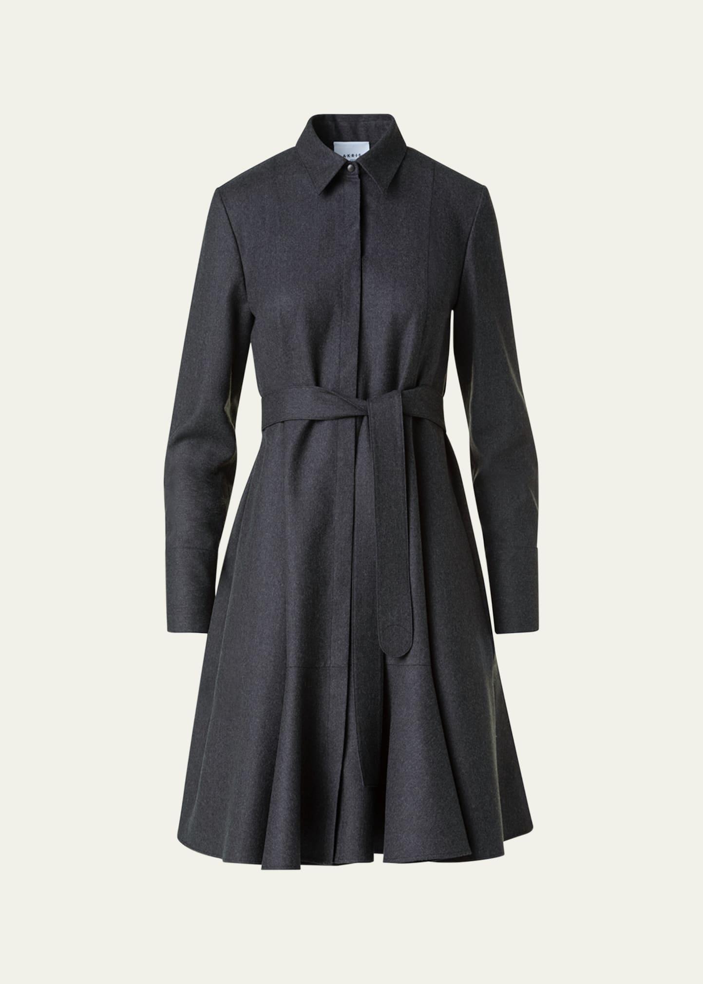 long-sleeve belted wool flannel shirtdress