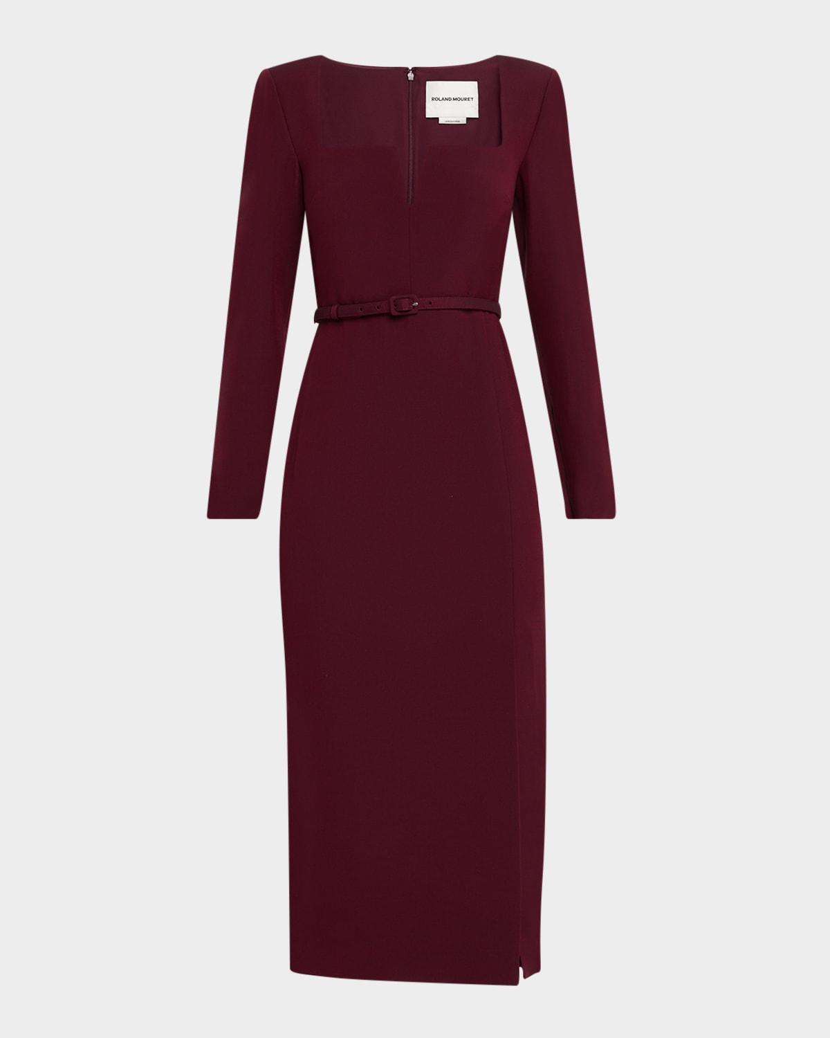 long-sleeve belted wool-silk midi dress