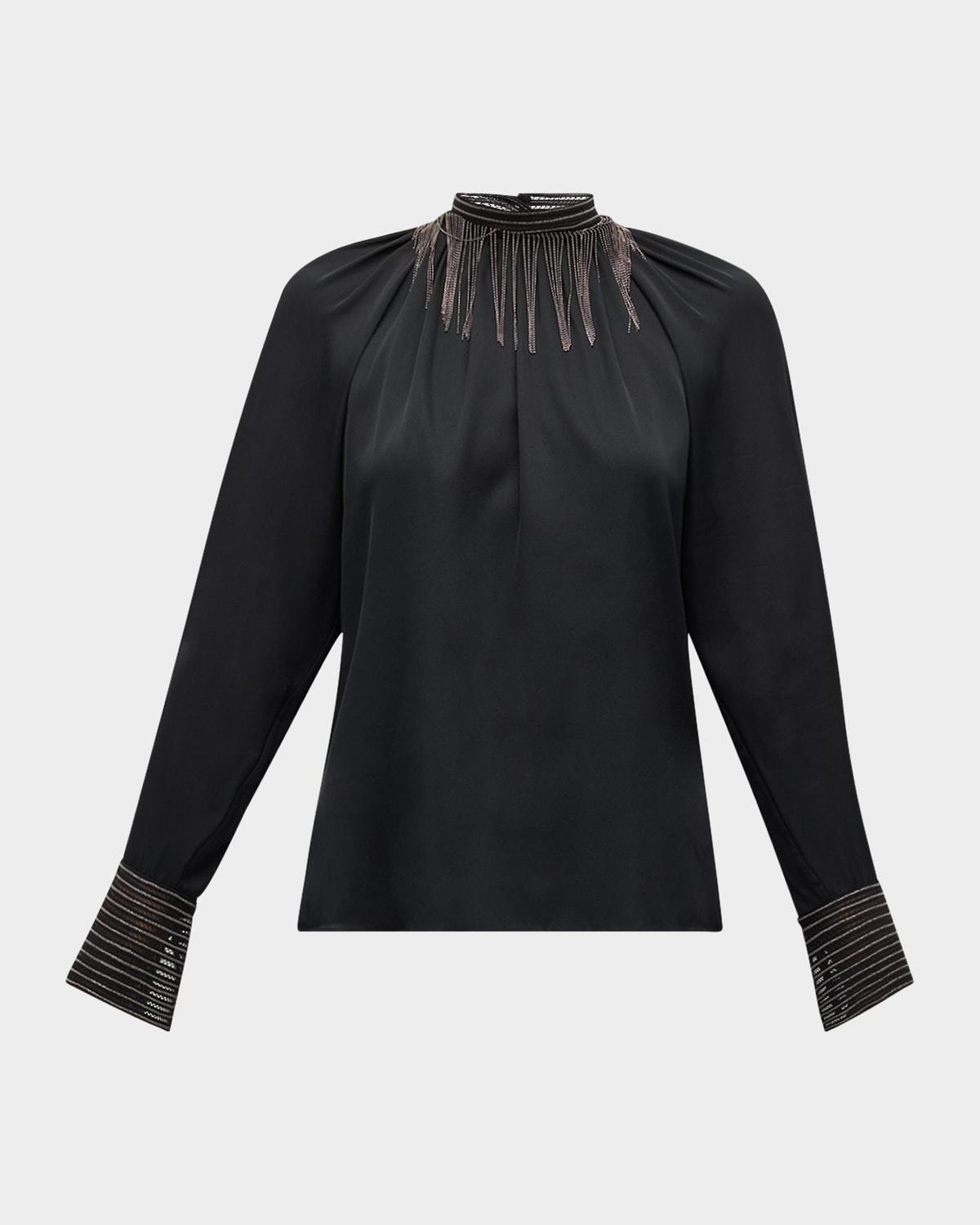 long-sleeve blouse with chain neck detail