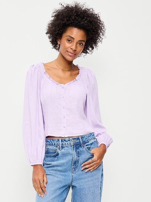 long-sleeve button-down top