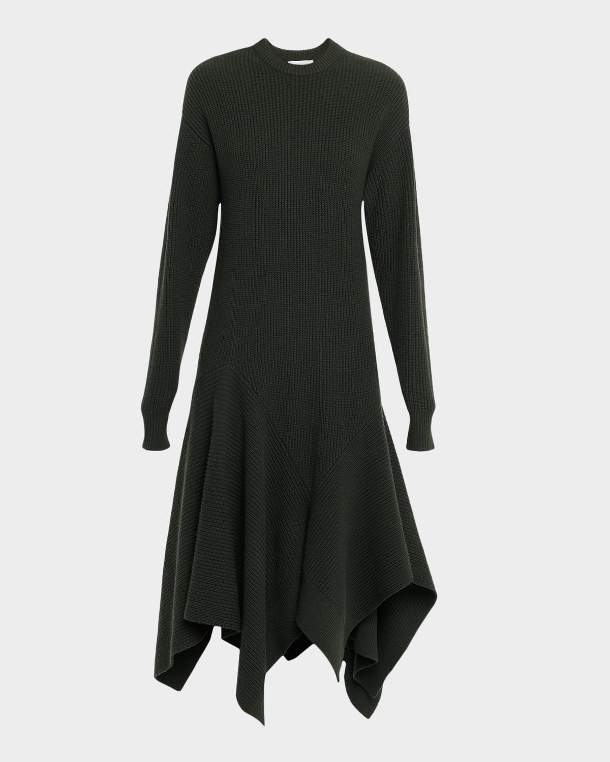 long-sleeve cashmere asymmetric midi sweater dress