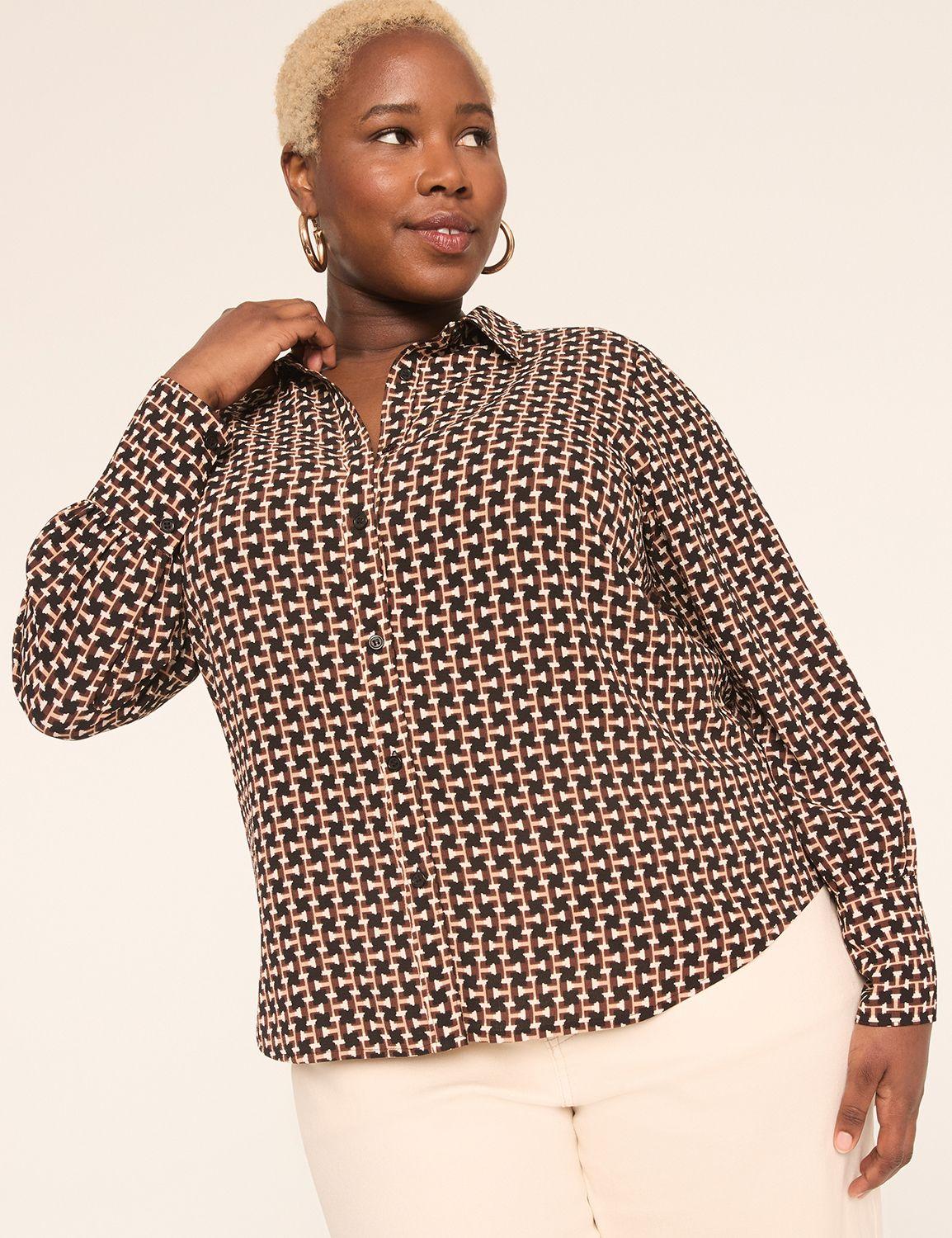 long-sleeve collared button-down blouse