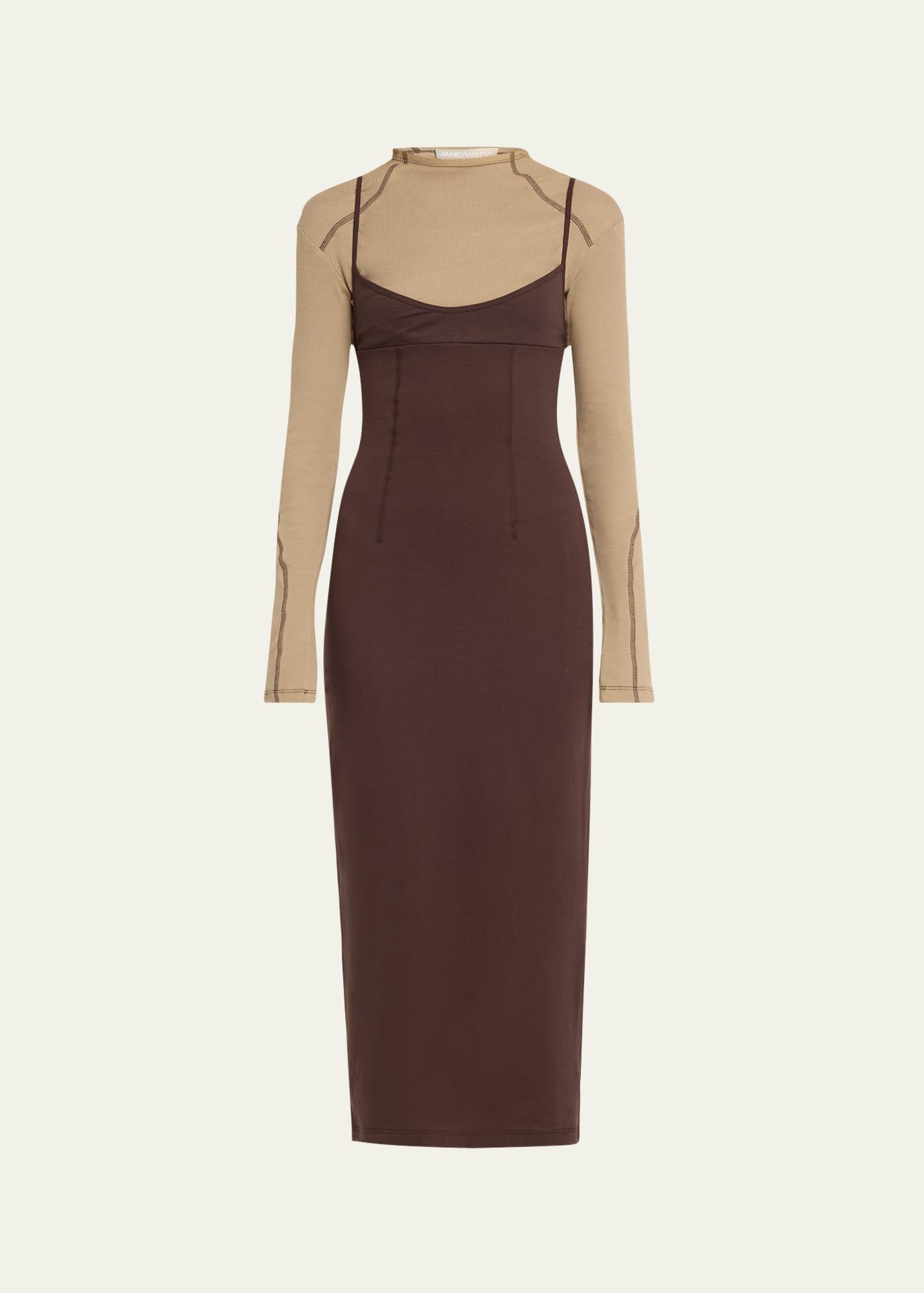 long-sleeve combo midi dress