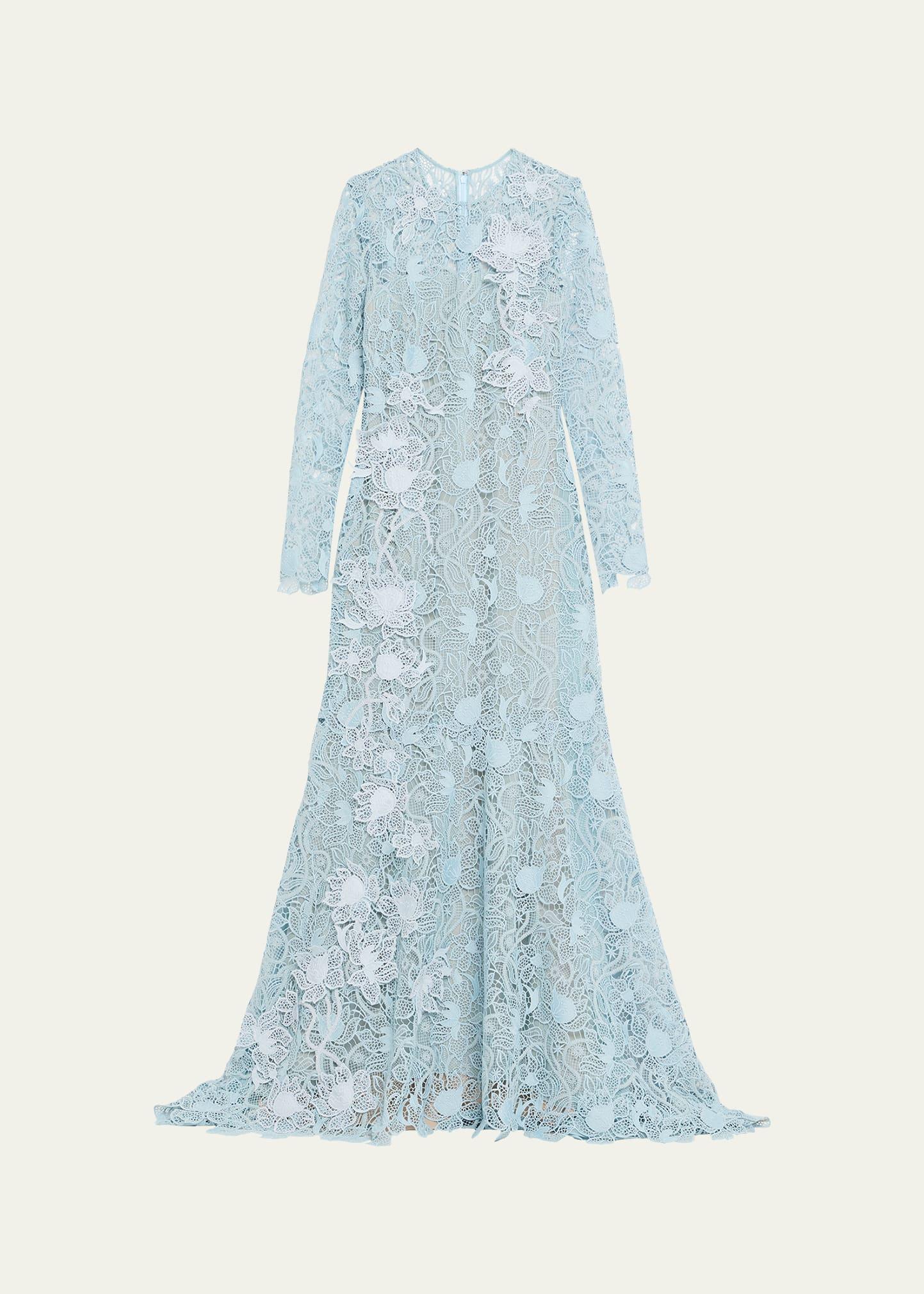 long-sleeve corded botanical guipure gown